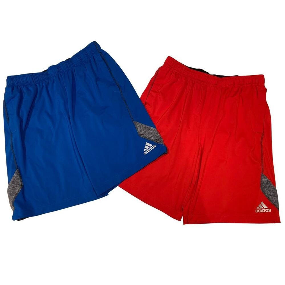 LOT of 2 Adidas Men's Athletic Shorts Size L Red Blue Elastic Waist Drawstring